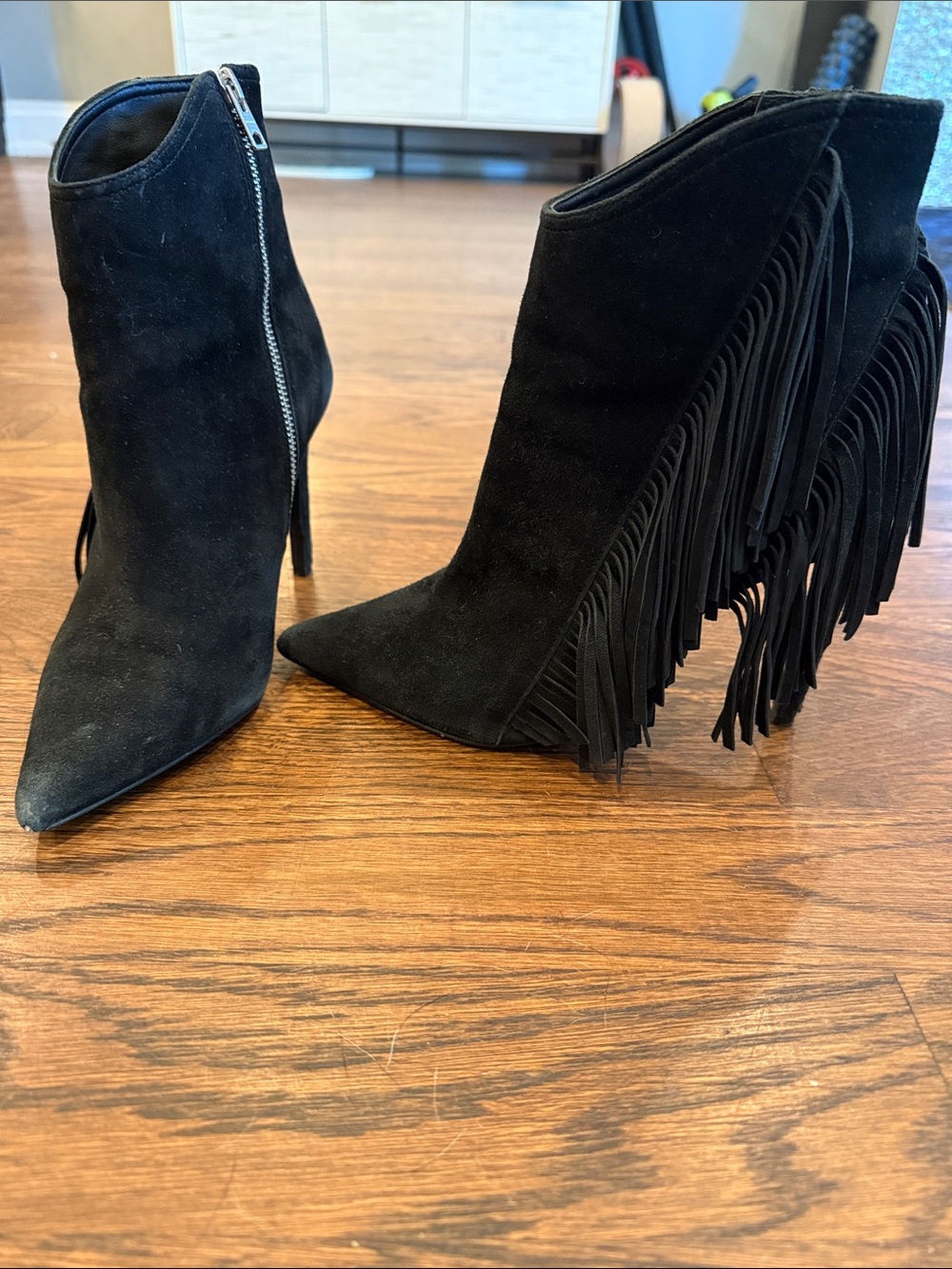 All Saints Black Suede Fringe Pointed Toe Ankle Boots